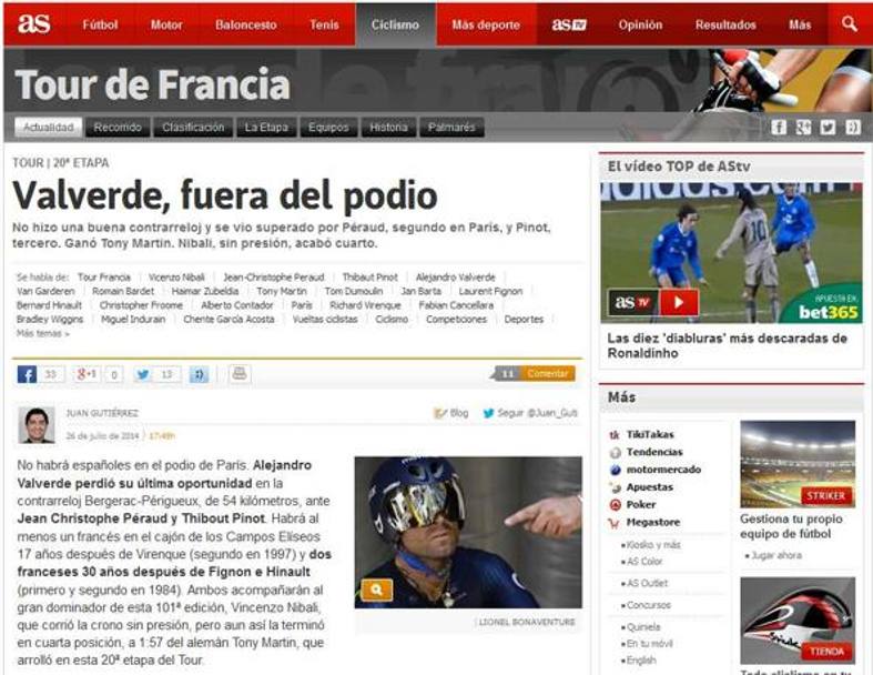 Anche AS, altro quotidiano sportivo iberico, focalizza titolo e articolo sulla prestazione negativa di Valverde. La foto scelta  la stessa pubblicata dal giornale concorrente